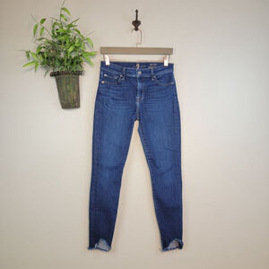 7 For All Mankind 27 Ankle Skinny Crop Jeans Chewed Dark Blue Frayed 7FAM 4